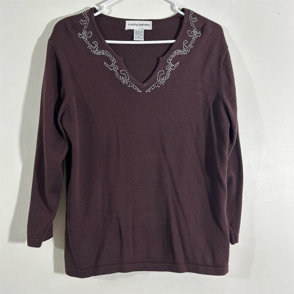 Cathy Daniels Women's‎ M Brown Embellished V-Neck Pullover Sweater 3/4 Sleeves